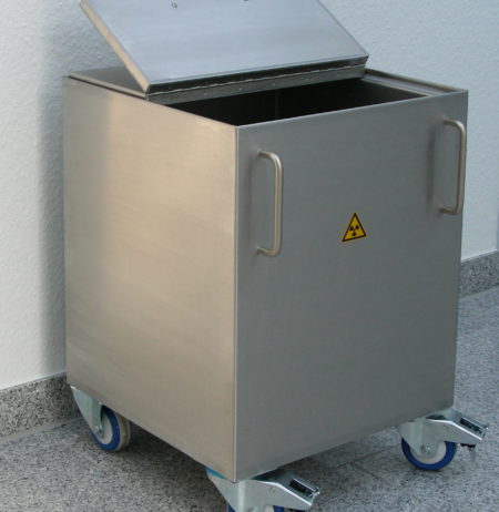 A lead shielded waste bin with wheels