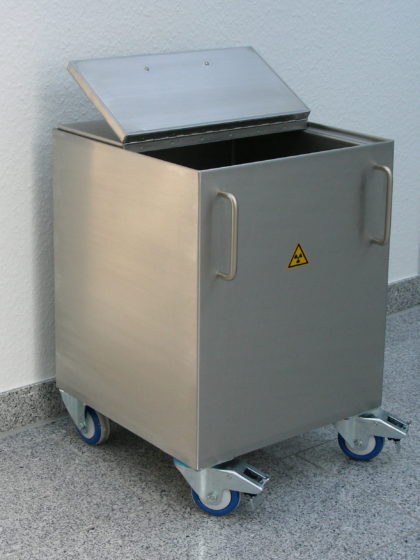 A lead shielded waste bin with wheels